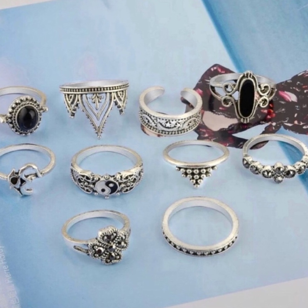 10pc BOHO RING SET black SILVER Ohm band crown - Picture 3 of 4